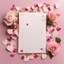 Placeholder: A photo of a white card, 5.5 by 4.25 inches. The card is vertically positioned on a beautiful light pink surface, positioned between pink rose petals and litte golden hearts.