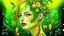 Placeholder: green background, Punk Woman 49 years old, hair made of Fruits, Grapes, tangerines, gold, gouache, watercolor, acrylic, paint drips, branches, fine drawing, golden makeup, bees, tattoo, alien, bright colors, fine drawing, double exposure , high detail, high resolution, 8K, 3D, bees,