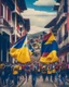 Placeholder: Marcha de ciudadanos por la calle con banderas de Colombia arte digital imágen retro 4k