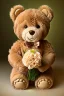 Placeholder: A light brown smiling teddybear holding a bouquet of flowers. His fur is realistic. The background is a romantic Italian restaurant bokeh digital painting extremely detailed studio lighting crisp quality and light reflections 8k cinematic lighting portrait photorealistic ultra detailed cinematic postprocessing focused