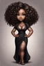 Placeholder: create a digital airbrush image of a chibi curvy black female wearing a black maxi dress and black sandals. Prominent make up with brown eyes. Highly detailed wild tight curly hair.