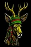 Placeholder: a jamaican deer with dreadlocks and green-yellow-red striped headband in comic style in frontal view with a dark background