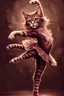 Placeholder: mesmerizing fantasy illustration featuring a feline dancer in a captivating ballet pose. The cat's fur is a blend of soft, muted tones, with one paw raised above its head and the other stretched out to the side. Its eyes are wide open, displaying an expressive and captivating look. The background is a muted brown, creating an atmosphere of mystique.