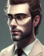 Placeholder: man in round glasses, wavy hair, slim, tie, two tone colours, detailed, realistic, handsome, square jaw, big brows, bird on the shoulder, spotlight