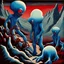 Placeholder: French surrealism animation art from 1970s, illustration of large blue alienoid creatures, mesmerizing, hallucinogenic tones, strange, creepy cutout style of animation of phantamosgoric giant blue alien with red eyes, Czech animation tradition, art by Roland Toper, Dali-esc environment, trance-like, Fantastic Planet aliens