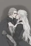 Placeholder: Strahd Von Zarovich, long black hair, being kissed on the mouth by a beautiful woman with white hair, wearing an off the shoulder dress. Settling and background are a lavish toomb with an ebony coffin.