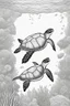 Placeholder: STRESS RELIEF themed coloring page for adult, cartoon style, thick outline, low details, no shading, no color, A serene underwater world with gliding sea turtles and coral