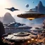 Placeholder: (bokeh scene) Custom bajoran starship landing in the platform over the mine of the planet, seen from the top with a lot of smaller different ships and miners