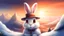 Placeholder: Draw me a picture in a realistic cartoon style of a white rabbit with a hat and smiling standing on top of a snowy mountain with an island village behind him and a beautiful sunset.