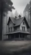 Placeholder: There is an old house against the background of the forest, gray tones, gloomy style