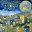 Placeholder: A silver city in the sky at night made out of clouds painted by Gustav Klimt