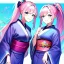 Placeholder: Clear focus, 8k, high quality, detailed, beautiful lighting, girl, vibrant colors, pink long hair, vibrant blue eyes, twins, kimono, ponytail, smile