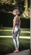 Placeholder: anorexic yoga woman, androgynous, model body, satin silver leggins, short satin silver yoga top, medium length wavy bob haircut, head towards camera