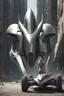 Placeholder: a photorealistic sleek, long, silver spaceship sitting in the street of a dystopian futuristic ruined alien city, with a woman in a silver suit, standing in front