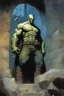 Placeholder: Frankenstein, The Punisher, extremely tall, 6'6" 250lbs, thick, muscular, crew-cut blonde hair, blue eyes - multicolored watercolor stained wall in the background, in the art style of Boris Vallejo, Frank Frazetta, Julie bell, Caravaggio, Rembrandt, Michelangelo, Picasso, Gilbert Stuart, Gerald Brom, Thomas Kinkade, Neal Adams - professional quality studio 8x10 UHD Digital photograph by Scott Kendall - paint splattered wall in the background, multicolored overhead spotlight, Photorealistic, rea