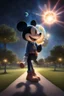 Placeholder: Mickey Mouse with a Supernova above the hand of an Earth person in a developed public park