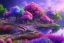 Placeholder: monde en fleurs, blue lake, flower tree-houses, concept art, crépuscule , fuksia bleu oranger, vibrant Color, réaliste, riviere bleu, tree-house bougainvillier, roses