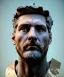 Placeholder: Gran angular, Realistic image, roman sculpture, marble deluxe material, Lionel Messi, gold Laurel leaves crown model, miguel angel style, chisel style, emperador, God light, god rays, 4k resolution, smooth details, ornate details, soft lighting, unreal engine 5, soft cyan background.