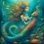 Placeholder: luminescent. mystical, mermaid with long curly fancy flowing tail an hair. Riding a seahorse with a happy face and a swirly main, all in pastel coors, Marine life Background. perfect facial features. Hyperdetailed, dreamlike.