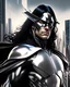 Placeholder: male superhero long black hair wearing black and shiny chrome futuristic armor and shiny chrome headband attached black cape futuristic city in background