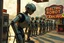 Placeholder: A cinematic wide-angle oil painting of a humanoid robot plugging a thick electric charging cable into its torso port at a futuristic charging station within a retro-style gas station. A long line of identical humanoid robots stands patiently behind, waiting for their turn to recharge. A large vintage-style sign to the side reads 'Electric Robot Charging Station.' The scene is bathed in golden-hour lighting, with rich, noisy colors, expressive thick brushstrokes, intricate steampunk elements, glo