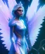 Placeholder: A crystalised queen, atmospheric, realistic, unreal engine, cinematic lighting, octane render. blue, pink, transparency, light, shine,bright, full body, transparent wings, blonde, long hair, nice smile