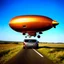 Placeholder: award winning photograph of a steampunk house-fly ufo dirigible designed by only one vehicle per image painted metallic orange traveling at a high rate of speed, jet intake off of front center of vehicle and jet exhaust out the rear bilaterally symetrical, more a high speed road vehicle