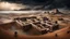 Placeholder: Dark surreal cinematic scene of gigantic brutalist megastructures merged with the ancient architecture of Ksar Ouled Soltane in the middle of a foggy desert. Ancient clay vaults integrated into raw concrete monoliths, mysterious atmosphere, ultra realistic, highly detailed textures, volumetric fog, dramatic lighting, dystopian archaeology, soft blowing sand, ominous mood, wide cinematic framing, brutalism meets Berber architecture, photorealistic