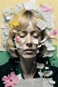 Placeholder: on old yellow, torn paper, gouache, double exposure, portrait of a woman, blonde with bangs, closed eyes, 45 years old, blots, splashes, newspaper scraps, chamomile flowers, pink petals, green leaves, branches, 8K