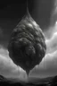 Placeholder: 4k image, grey scale painterly image, epic scene of organic drop pod made of bone and flesh descending through the atmosphere trailing fire and smoke, overhead 3/4 view, extreme perspective, HR Giger
