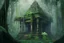 Placeholder: An old wooden Hindu temple overgrown with vines, in a forest, mist