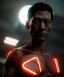 Placeholder: Ultra realistic photographic night portrait, cinematic, naked, young, Asian, all shaved, led lights <strong man> <hanging wires> many wires connected to the head <perfect pupil> <cyborg> <garage> <long shot view> <sci-fi futuristic> <thriller>, fog, soft color, highly detailed, unreal engine 5, ray tracing, RTX, lumen lighting, ultra detail, volumetric lighting, high definition.