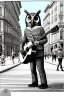 Placeholder: One single mature owl, playing guitar in the street , Vienna, smiling, sunny day, model style, hyper realistic, extremely accurate, delicate, extremely detailed, Graphic novel style, wide-angle, open aperture, superfine pencil