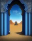 Placeholder: A gothic_arab gate in a blue tiled wall with a view of a desert landscape