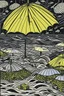 Placeholder: A dark gray otherworldly coast with umbrellas in Yamato-e art style painted by Roy Lichtenstein