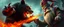 Placeholder: epic movie poster, fire drop bear vampire grabbed by throat vs gnome goblin rock priest, fish eye lense