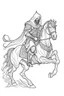 Placeholder: The headless horseman. Outline, sketch style, only use outline, mandala style, clean line art, white background, no shadows, no clear wall, coloring page.