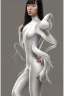 Placeholder: portrait of a tall, thin, Asian girl with long hair, and a heavy fringe, and large amber eyes, in a white catsuit