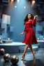 Placeholder: a pretty stage made of metallic blue-gray teme 3d recursive cubic and sphere base structures and a beautiful fashion model lady dancing with joy and cute ,with dark red top and pretty pleated midi skirt ,makeup curvy long hair,dynamic camera zoom to full body and pan, dynamic lights.