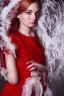 Placeholder: A beautiful portrait of a young German woman, red color scheme, high key lighting, volumetric light high details with white stripes and feathers