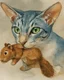 Placeholder: close up portrait of a airbrushed watercolor 26 chalk, a oriental shorthair blue and white tabby cat, with vivid green eyes, playing with a brown and tan stuffed toy squirrel. He has it in his mouth. the background is soft tones of gray and beige.