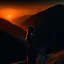 Placeholder: dark night, watching a woman from behind wearing a sleeveless dress, mountains and forests next to the road, a beautiful orange sunrise in the distance, photo quality