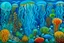 Placeholder: A blue underwater reef with electric jellyfish designed in Australian aboriginal art painted by Alexej von Jawlensky