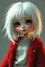 Placeholder: photorealistic impasto impressionist digital oil painting of a vintage styled cartoonish high Brats doll, white hair, fur red coat and white old t-shirt, ethereal, she has hair like b