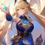 Placeholder: Clear focus,High resolution,High quality, blonde long fluffy hair, Blue eyes, genshin warrior clothing style, curvy