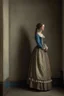 Placeholder: woman with XVIII siecle dress leaning against the wall, realistic style, full figure frontal view