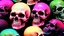 Placeholder: hundreds of non-anatomically correct, dark comic art, graphic novel,human skulls stacked into a wall unusual neon lighting, high velocity, 64k, dystopian, vray, a picture of a dark, comedic, anatomically correct wall of colorful tightly packed skulls of varying sizes and expressions, photo realistic, insanely meticulous, highly detailed, part of a collection of bones on display, 64k, dystopian, vray ,made with stained glass