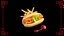 Placeholder: A hot dog sandwich with french fries, lettuce, tomato, mustard sauce and ketchup with a Chinese border on a black background