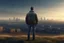 Placeholder: a man, dressed in jeans and jacket, standing, with the city behind him, on land tout of the city, realism, photography of reality, real, 16K, warm light,