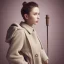 Placeholder: Woman standing with crutch, coat, toy shop background